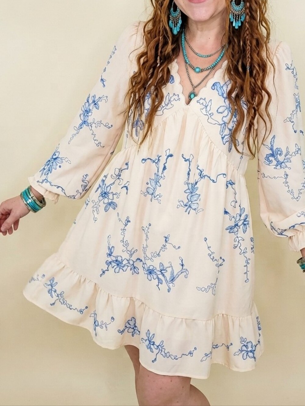LIKE-NEW Scalloped Trim, Boho Orchids Ruffuled Mini Dress, Blue & Cream, Summer - Picture 11 of 11